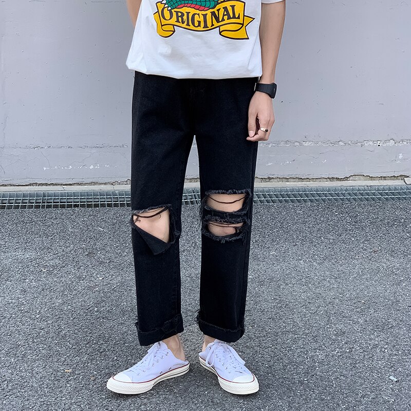 Black stretch jeans skinny fit bottom zipper jeans men knee torn men clothing ripped locomotive pants hip-hop street pants: M