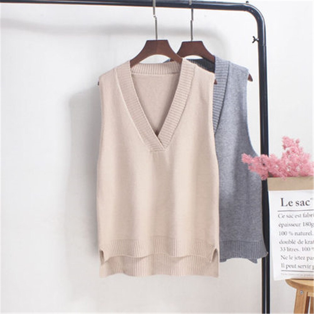 V-hals strikket vest dame sweater efterår og vinter koreansk løs vild sweater vest ærmeløs sweater  pz3544