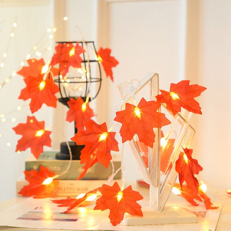 Guirnalda de Hojas de arce artificiales de otoño, decoración de guirnaldas de luces Led para Navidad, Acción de Gracias, decoración para fiestas para montar Halloween, 2M, 10Led
