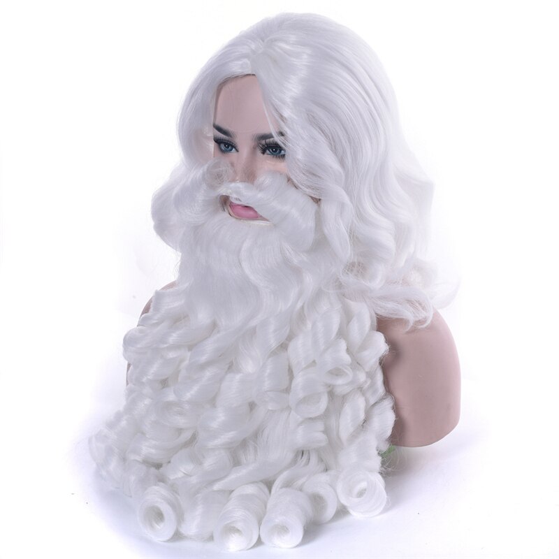 Julenissen skjegg parykk langt bølget hårpynt hvitt sett fancy ansiktshår julefestkostyme cosplay parykk pelucas