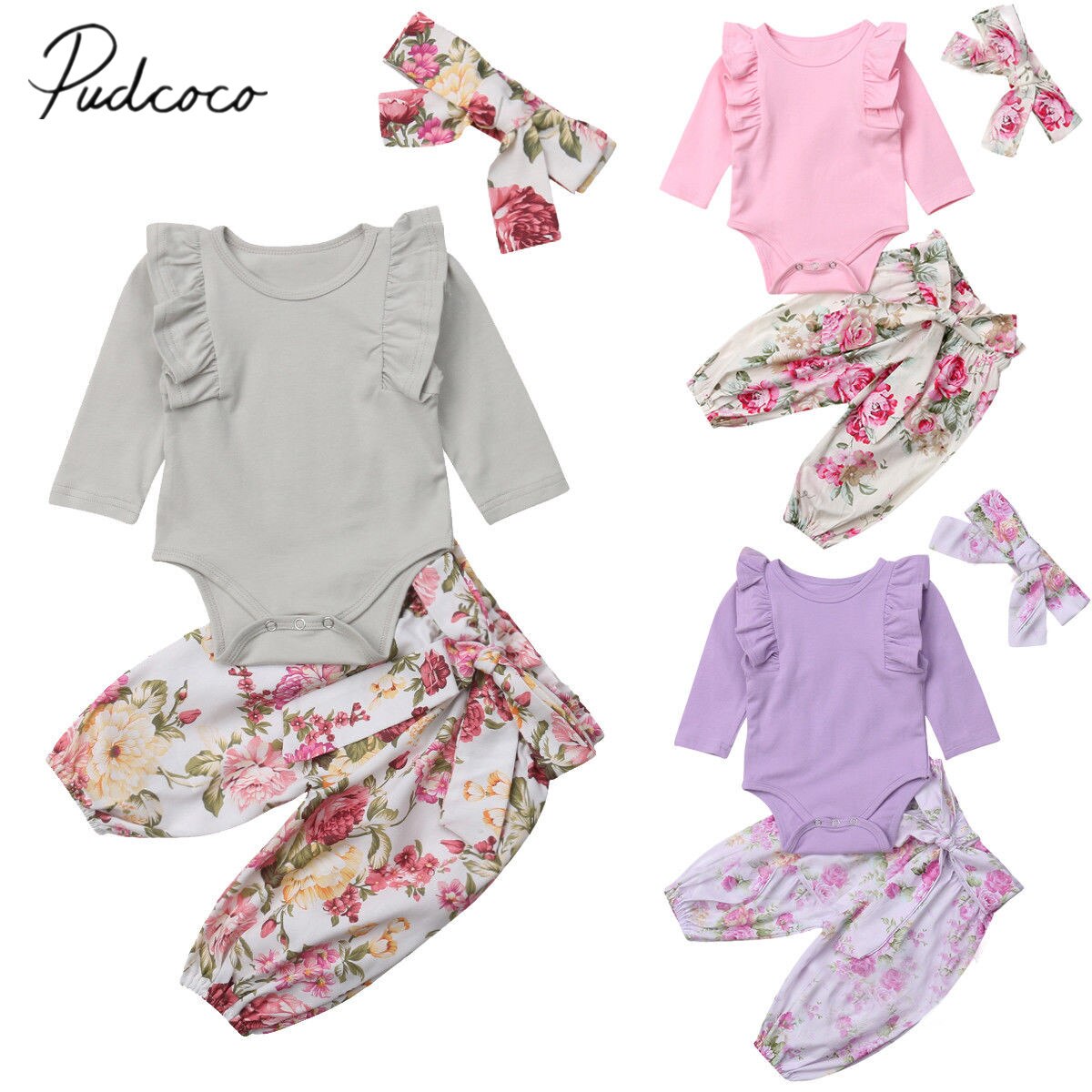 Merke 0-24m spedbarn baby jente gutt blomster høstklær sett volanger lange ermer solide bukser+bukser+hodebånd