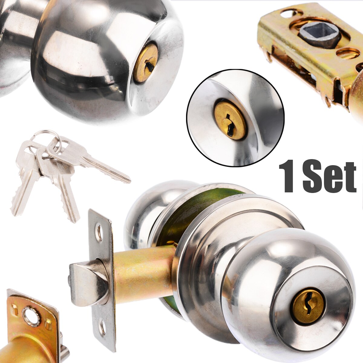 1 sæt rustfrit stål rund kugle privatlivsspalte dørhåndtag sæt badeværelse håndtag lås med nøgle dør hardware