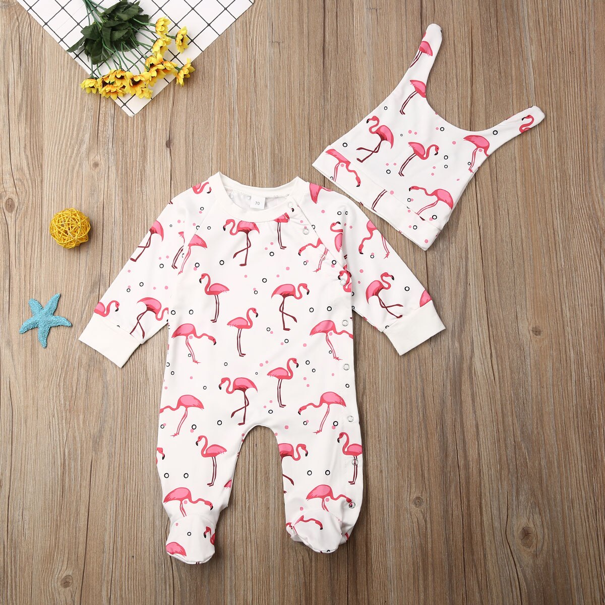 0-24M Baby Baby Meisje Jongens Bloemen Bodysuit Flamingo Romper Jumpsuit Hoofdtooi Winter Lange Mouwen Footies Pyjama Kleding
