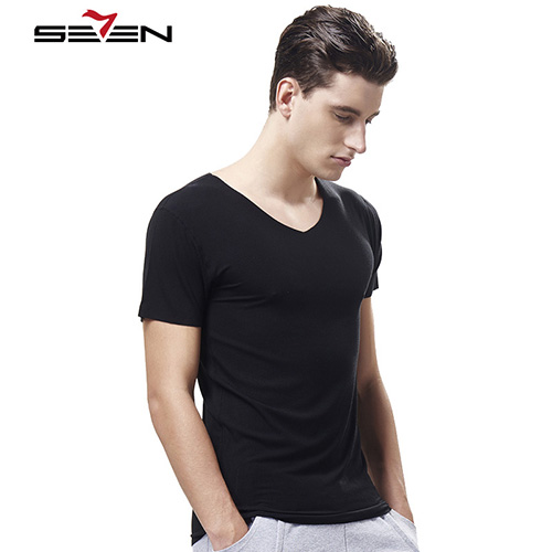 Seven7 Brand Men Undershirts Slim Fit Solid V Neck Comfortable Breathable Men Modal Underwear Short Sleeve Casual Tops 109G48240: Black / XXXL