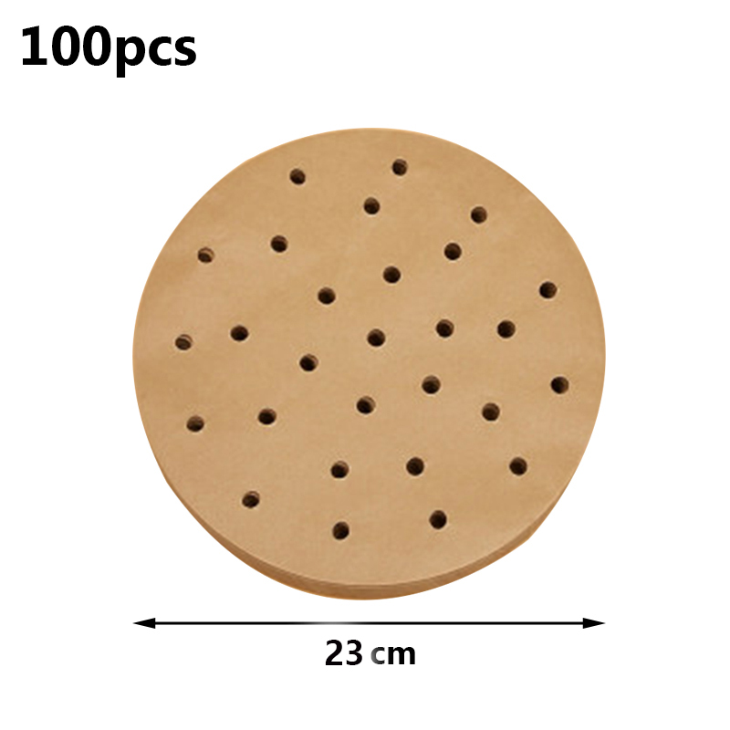 100Pc/Bag Air Fryer Steamer Liners Premium Perforated Wood Pulp Papers Non-Stick Steaming Basket Mat Baking Utensils For Kitchen: 23 cm Brown-R