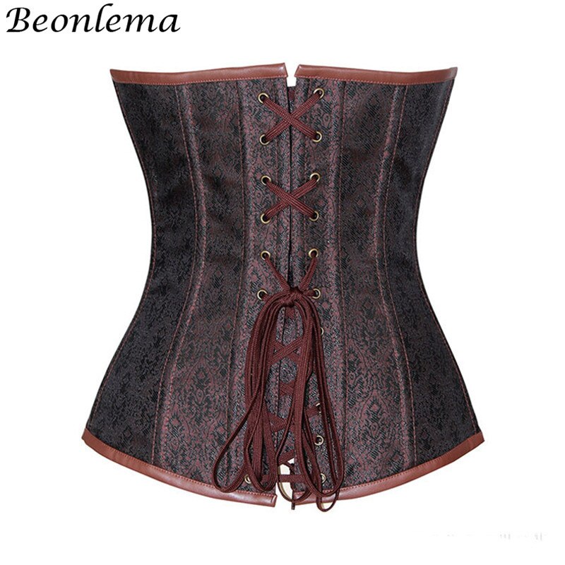 Beonlema steampunk korset vintage overbust korselet bustiers metal spænde kæde punk retro tøj brun 6xl corsage