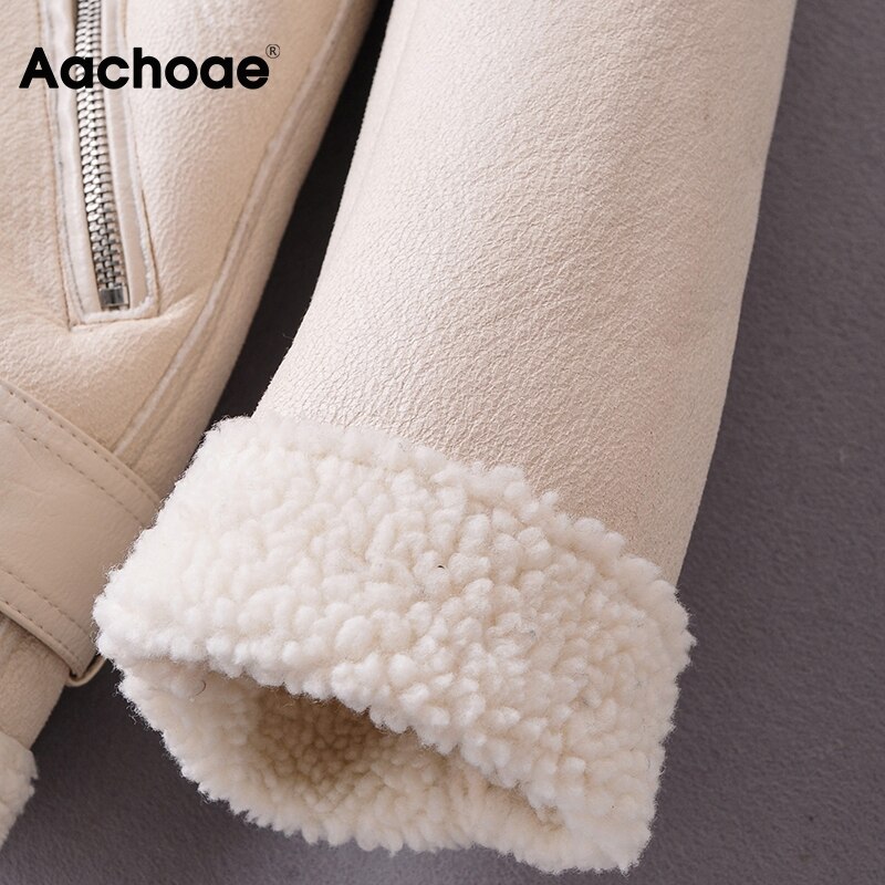 Aachoae Frauen Winter Feste PU Faux Leder Jacke Mit Gürtel Dicke Warme Reißverschluss Langarm Mantel Weibliche Streetwear gepolstert Jacken