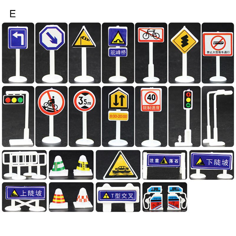 28Pcs Leuke Kinderen Vroege Educatief Speelgoed Stad Road Gebouwen Parking Kaart Verkeer Verkeersborden Stad Kaart Accessoires A-G: traffic signs-E