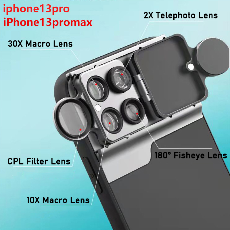 5 In 1 Telefoon Lens Case Kit 10X 30X Super Macro Lens Cpl Filter Fisheye 2X Telelens Cover Voor iphone 13 Mini/13 Pro Max