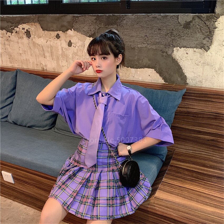 Uniforme JK Morado para mujer, ropa de calle de estilo Harajuku japonés, Falda plisada de talla grande para estudiantes escolares, ropa de Bar de Hip Hop