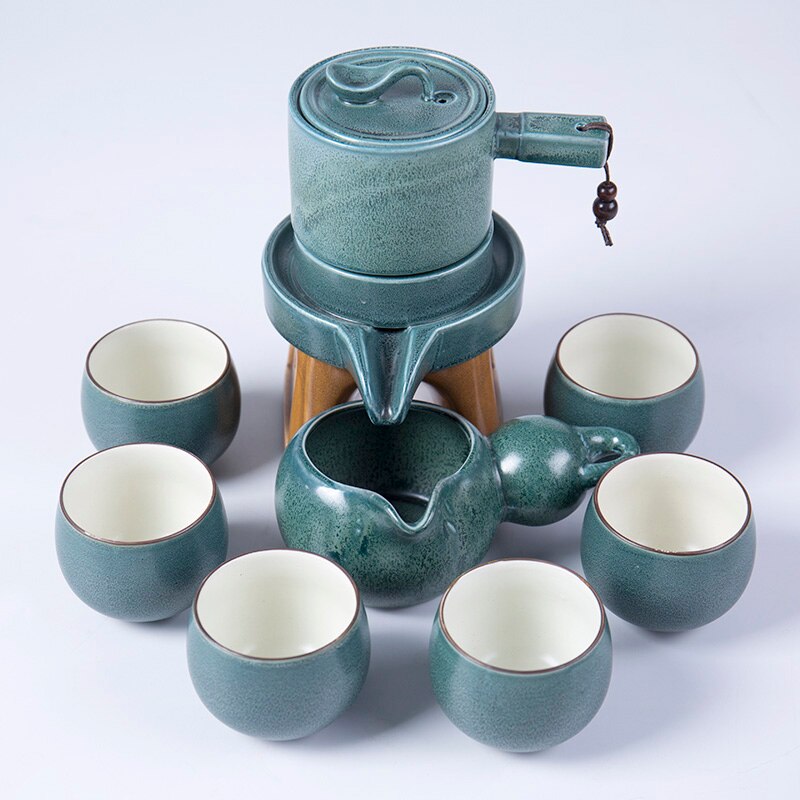 Semi-automatic Tea Set Stone Mill Teapot Household Simple Lazy Ceramic kungfu Tea Cup Set: A