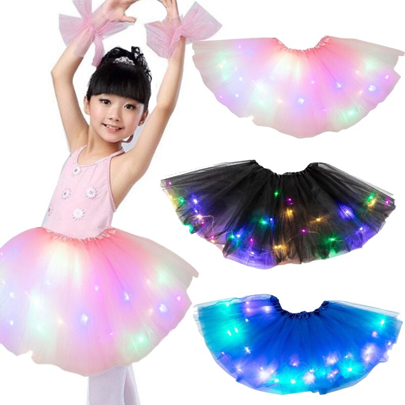 Glowing Licht LED Mädchen Partei Plissee Flauschigen Layered Tüll Tutu Röcke Spitze Chiffon Ballkleid