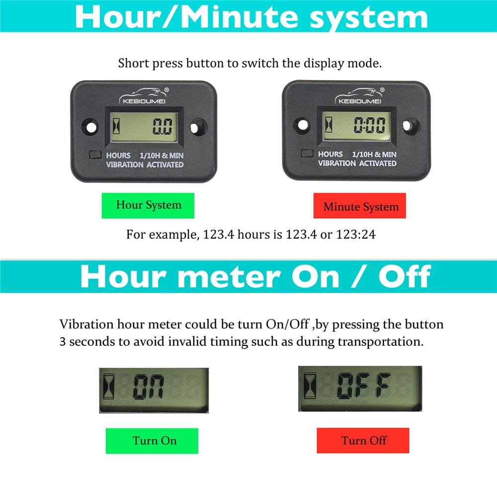Contaore di vibrazione digitale Wireless indicatore motore impermeabile Display LCD richiudibile Auto Sleep per motore da prato Diesel a 2/4 tempi