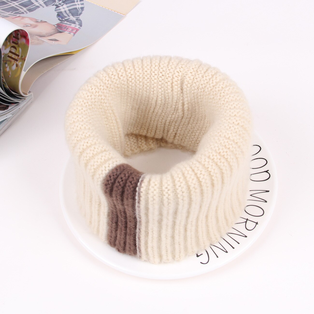 Gebreide halssjaal meisjes dikke warmere fleece binnenkant winter effen snood sjaal wol elastische kinderen kraag ring sjaals: Beige