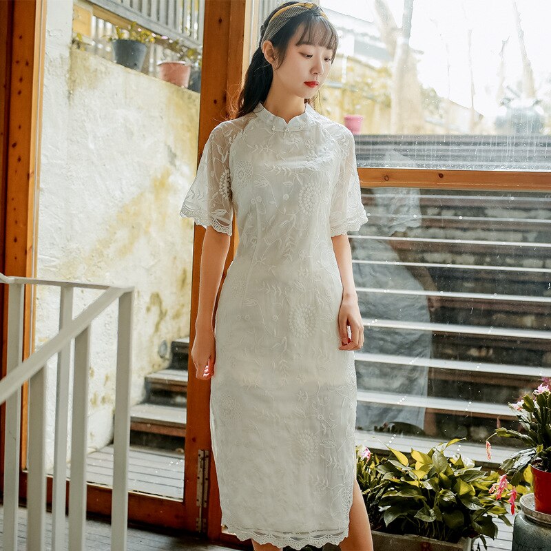 Cheongsam Dress Chinese Traditional Dress Qipao Dress Qipao Chinese Year Dress Lace Dress White Dress: S