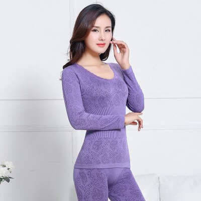 Long Johns Women For Winter Thermal Underwear Suit Antibacterial Clothing Body Shaped Slim Ladies Intimate Sets Female Pajamas: Purple