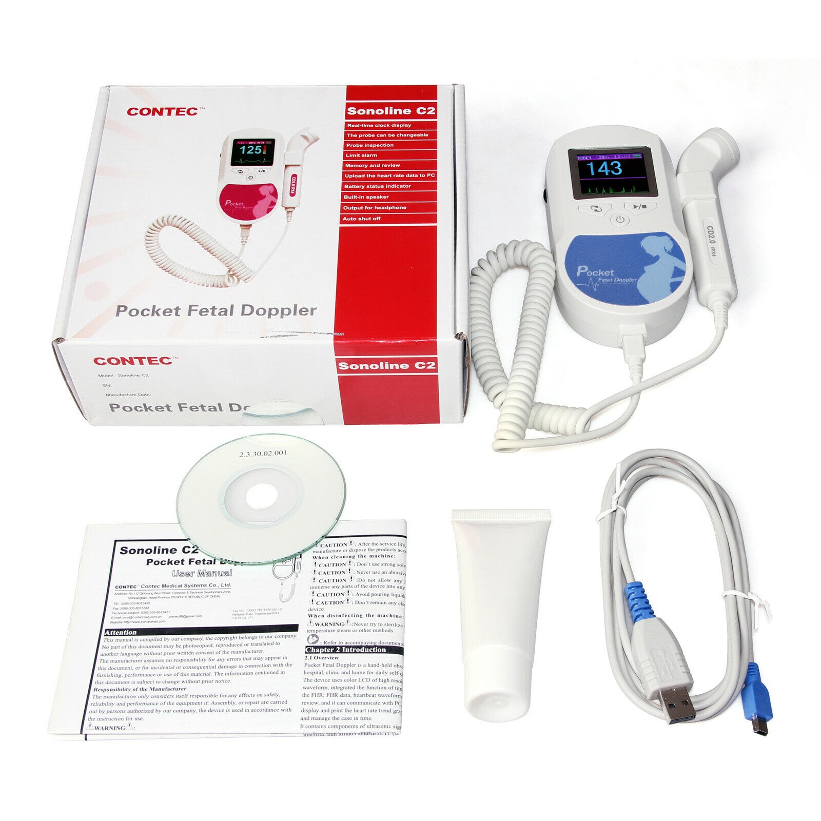 CONTEC Fetal Doppler 3MHz Probe Heart Beat Monitor Backlight LCD Blue Color + Free GeL