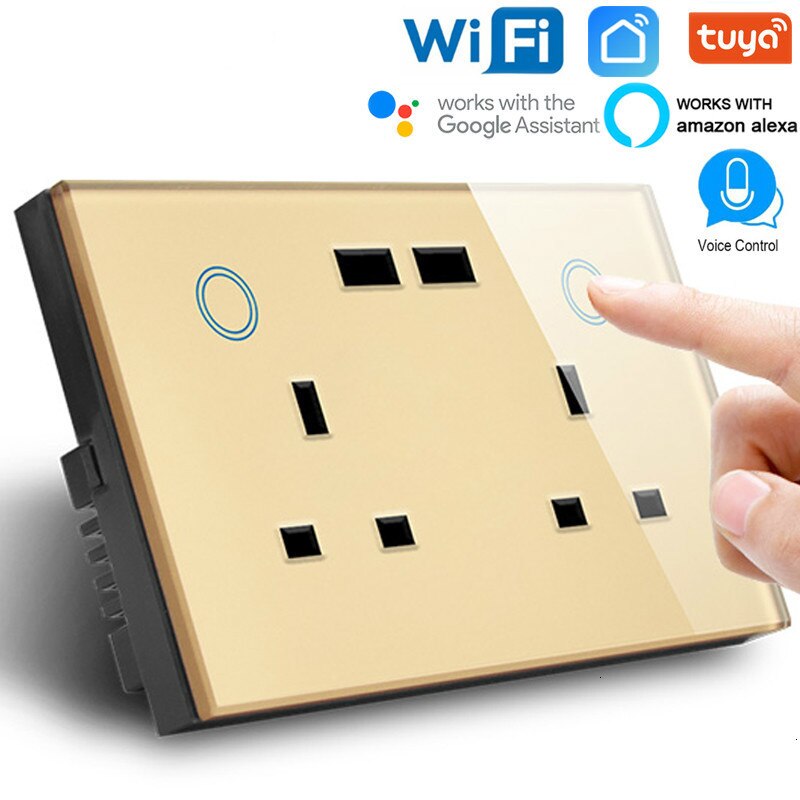 2 gang UK 13A Touch switch plug sockets Double USB socket WIFI Intelligent socket with usb 2.0 compatible alexa google assistant