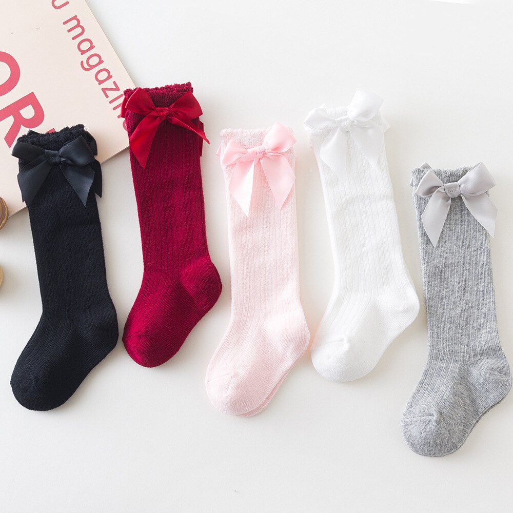 Balleenshiny – chaussettes pour enfants, en coton, avec gros nœud aux genoux, longues et douces, en dentelle, pour bébés filles