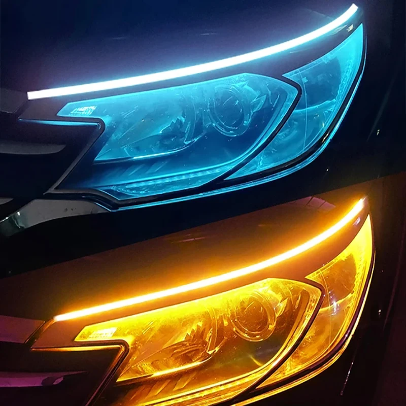 Luz de circulación Diurna LED DRL para coche, tira Flexible impermeable, faros automáticos, señal de giro blanca, luces de flujo de freno amarillas, 12V