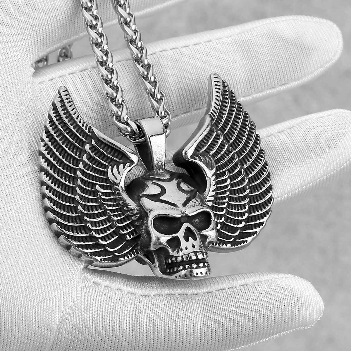de personalidad alas de Ángel caído cráneo collar de acero inoxidable estilo Punk niños colgante joyería al por mayor: Color amarillo dorado claro
