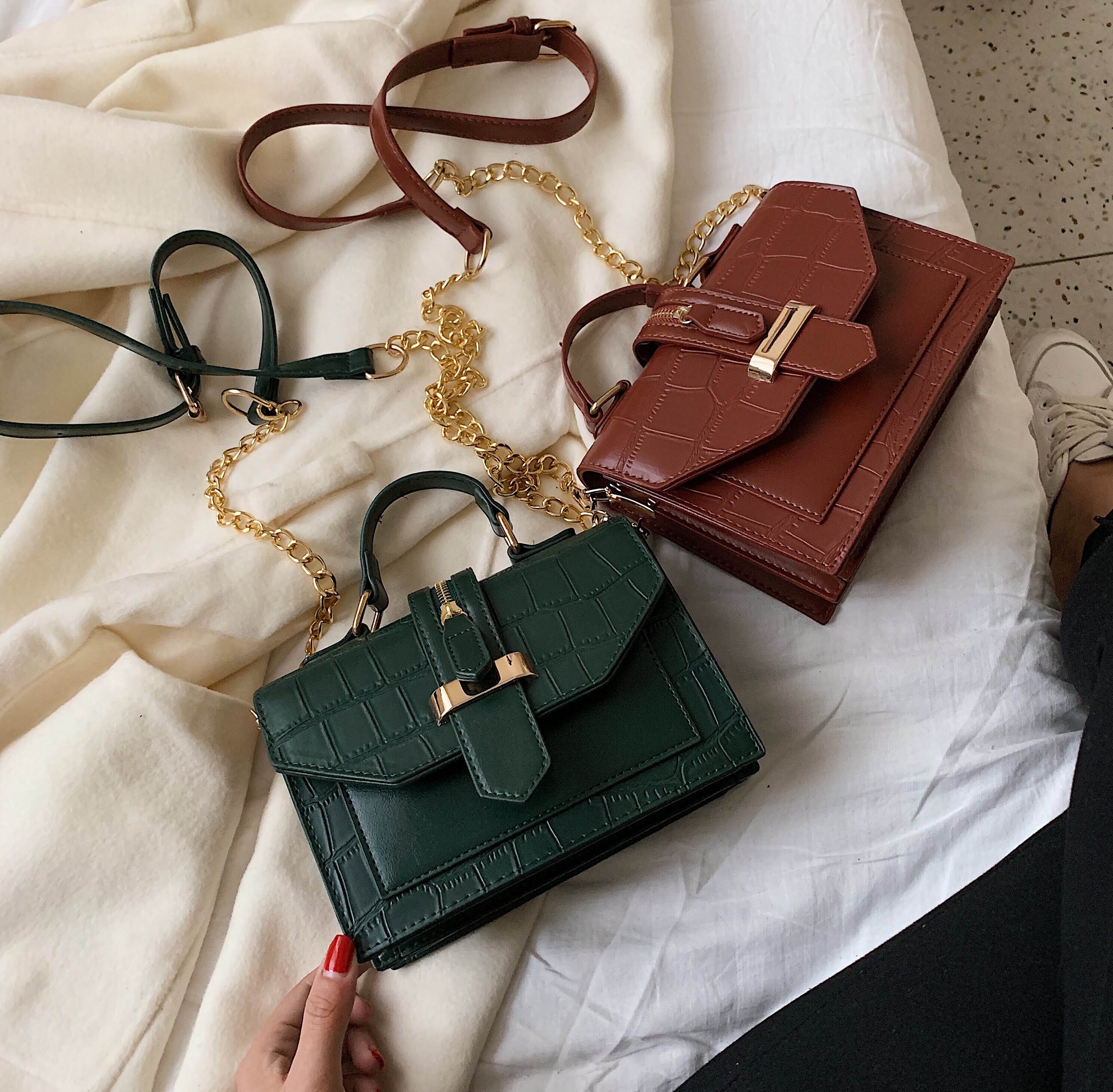 Kamienna skóra ekologiczna z wzorem jednokolorowe torebki Crossbody dla kobiet 2019 mini-łańcuch torba na ramię dama torebki