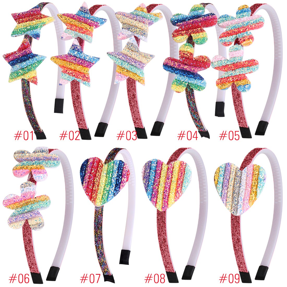 1 Pza niñas diademas de purpurina niños tierna diadema Color arcoíris flor forma de estrella y corazón brillante mujeres accesorios para el cabello