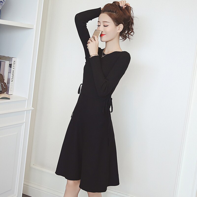 Knitting Long Sleeve Dress Autumn Women's clothing Slim Lace up Elasticity knitted Sweater A-line Dresses