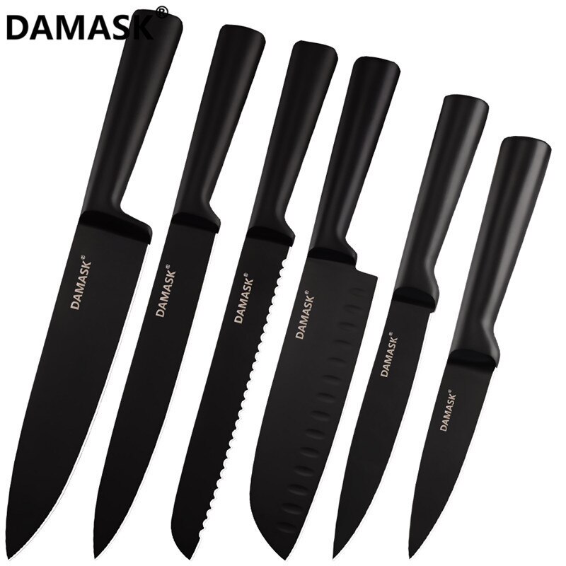 Damask sort rustfrit stål køkkenkniv belægning non-stick skarpt blad kokkeknive letvægts håndtag køkkenkniv sæt: 6 stk sæt