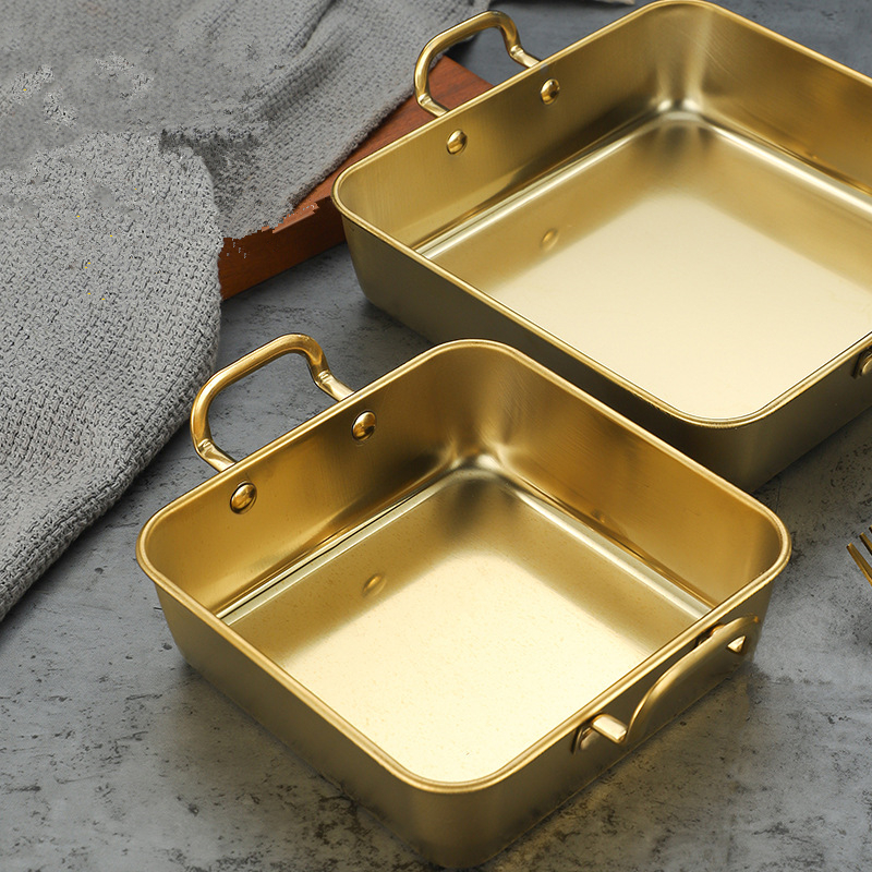 Two Ear Stainless Steel Square Food Trays Fruit Snacks Plates DIY Baking Tools Flat Fry Pan Trays for Kitchen