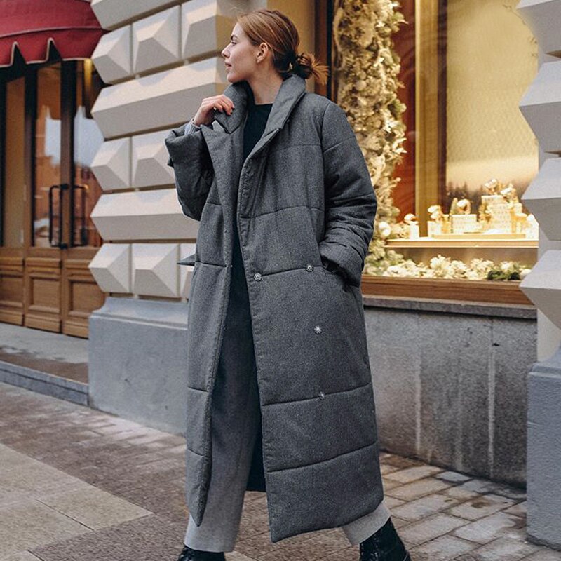 Hadara Winter Tie Belt Parkas Women Covered Button Coats Women Solid Long Cotton Jackets Female Ladies: Gray / S