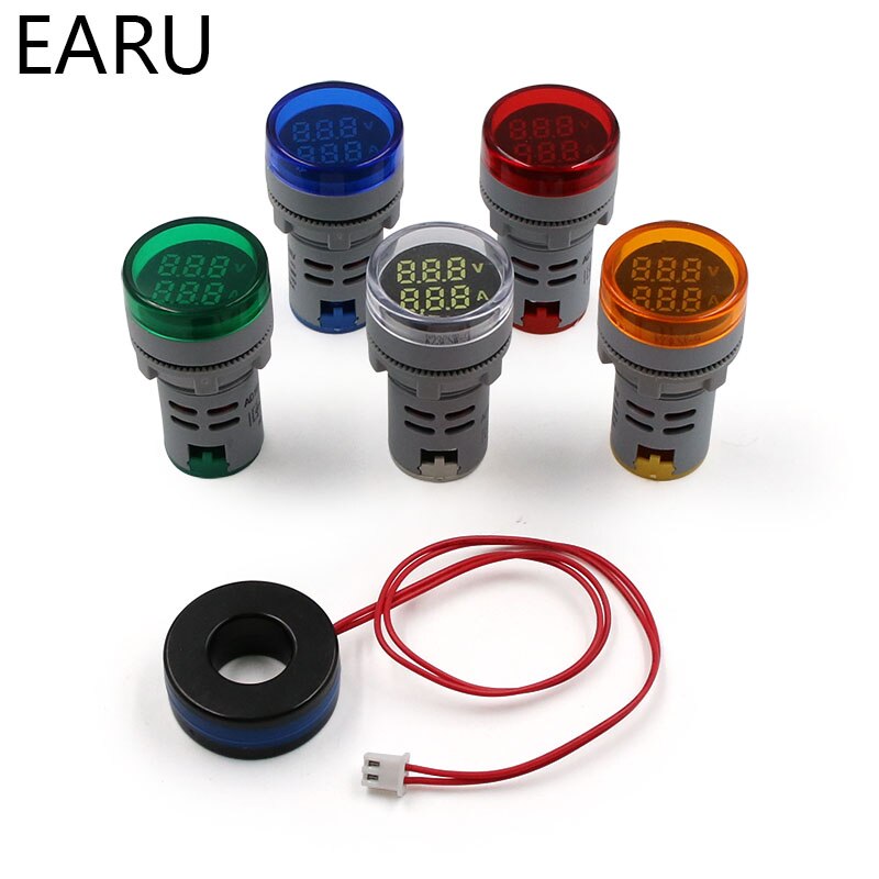 Mini voltímetro Digital redondo amperímetro 22mm AC 20-500V 0-100A Amp Volt probador de voltaje medidor de doble LED indicador de luz piloto