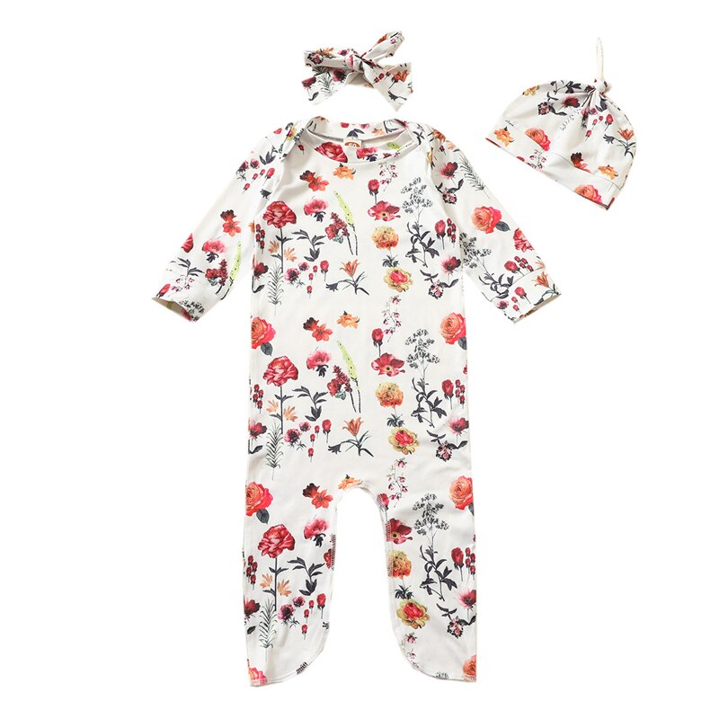 3 Pcs Pasgeboren Bloemen Nachtkleding Baby Baby Lange Mouw Ronde Hals Aparte Benen Slaap Slijtage + Hoed + Hoofdtooi Pasgeboren meisjes Gewaden: Pasgeboren