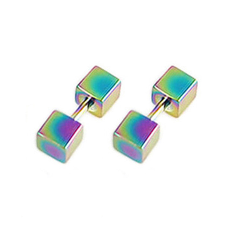 Pendientes cuadrados geométricos de doble cara para mujer/hombre, tornillo de acero inoxidable, Pin fino para oreja, joyería pequeña para hueso del oído, 2 uds.: Blanco / PLATEADO