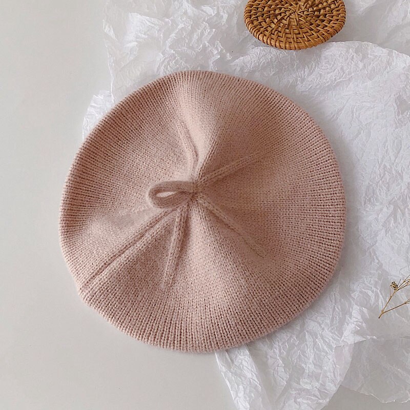 Gorros coreanos para bebé, Boina de Color sólido para niñas, Boina de punto Vintage para otoño e invierno, gorro de pintor artístico para niños: pink
