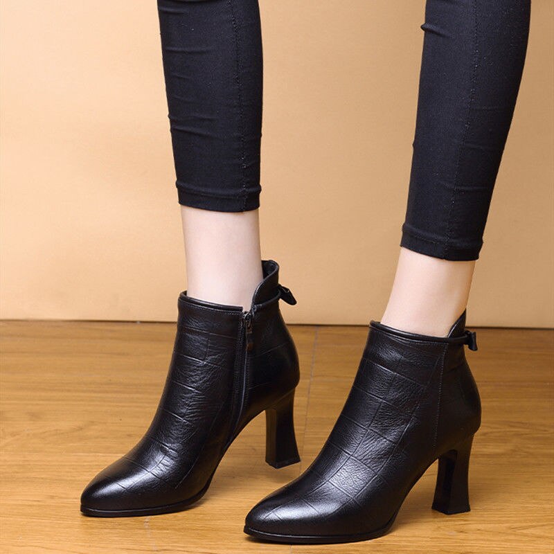 Hoge Hakken Korte Laarzen, Vrouwen Zachte Pu Winter Pluche Schoenen, Spitse Neus, Vierkante Hak, side Zip, Vrouwelijke Schoeisel Zwart,