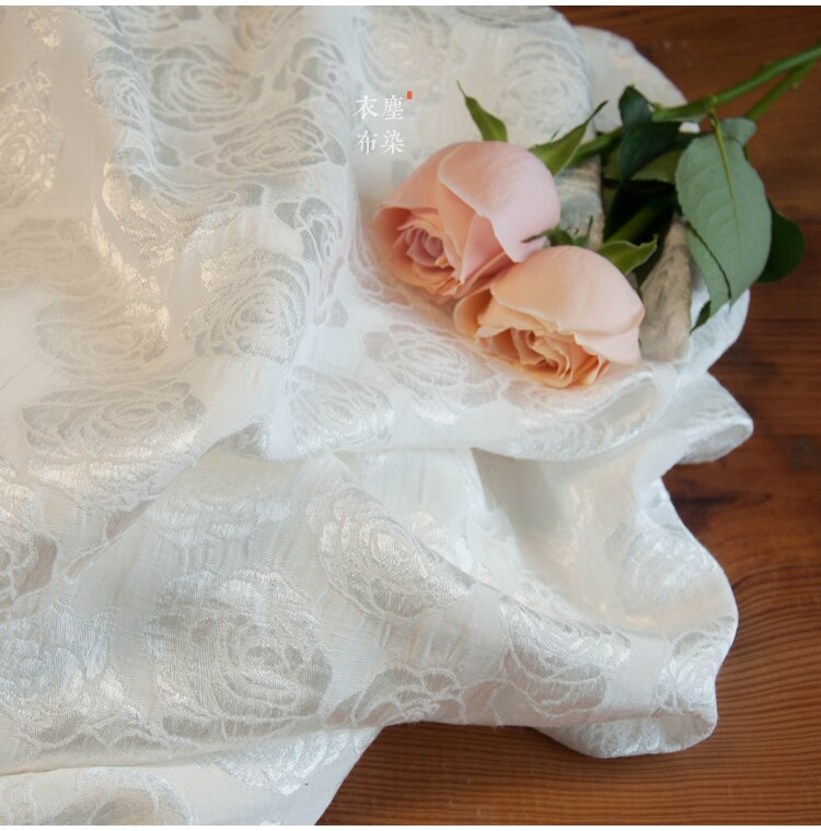 Seda brillante de lino, tela de algodón, Seda brillante de alta gama, tejido de jacquard de Rosa Blanca, vestido cheongsam de , costura