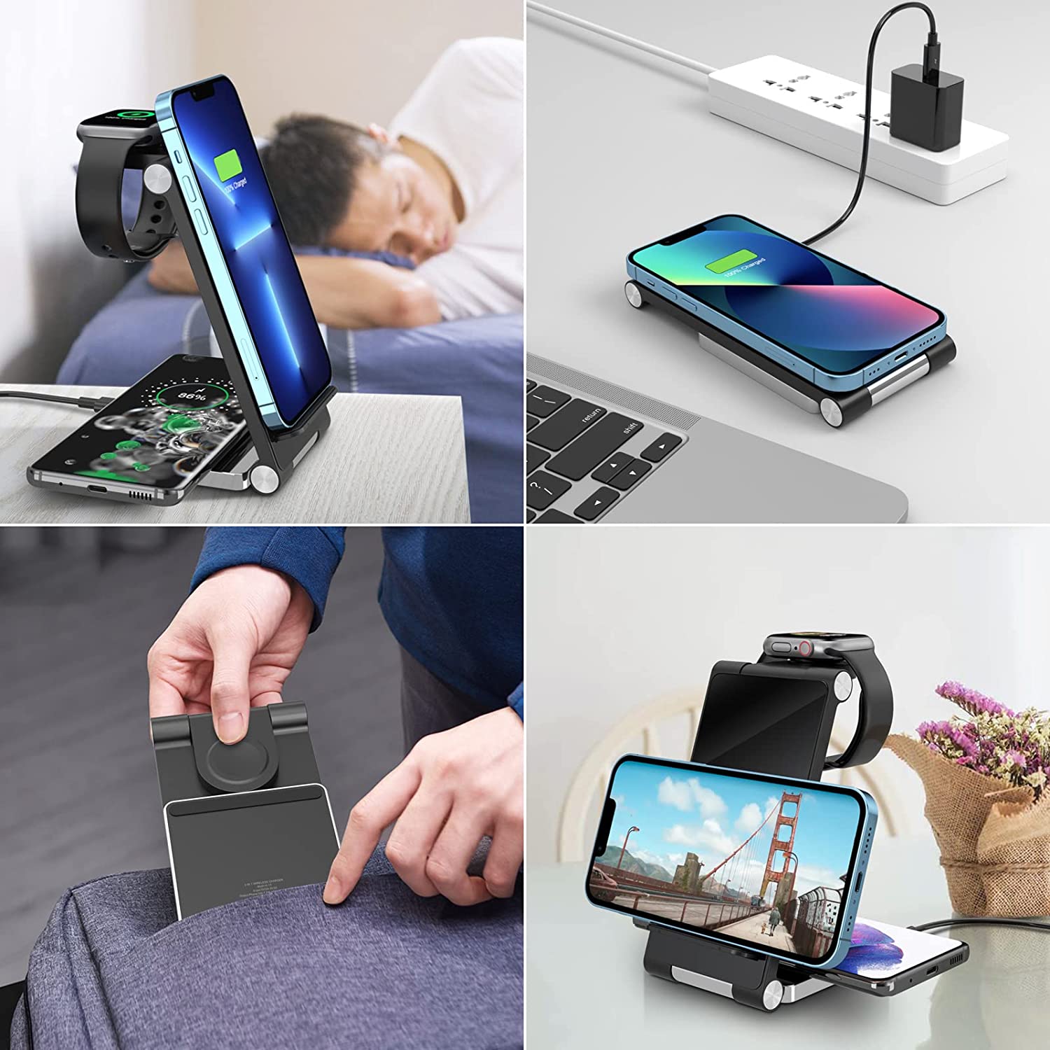 Soporte de cargador inalámbrico rápido Qi de 15W para iPhone 13, 12, 11, XR, XS, X, 8, Apple Watch, estación de carga plegable para Airpods Pro, iWatch 7