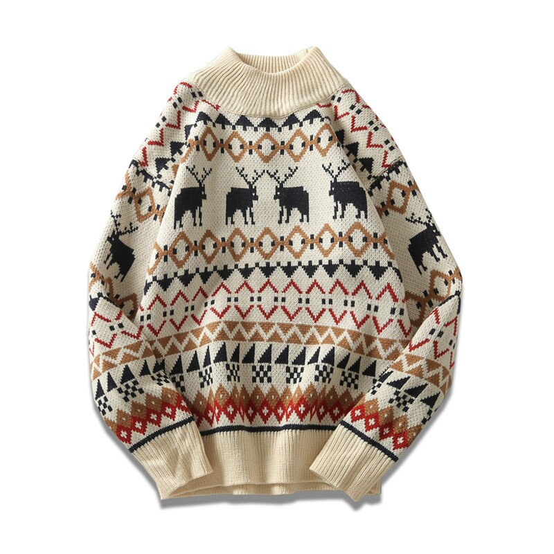 Männer halbe hohe kragen zur Seite fahren Hirsch drucken herbst frühling Weihnachten zur Seite fahren gestrickte zur Seite fahren zur Seite fahren schlank passen für männer kleidung: Beige / asiatisch Größe M