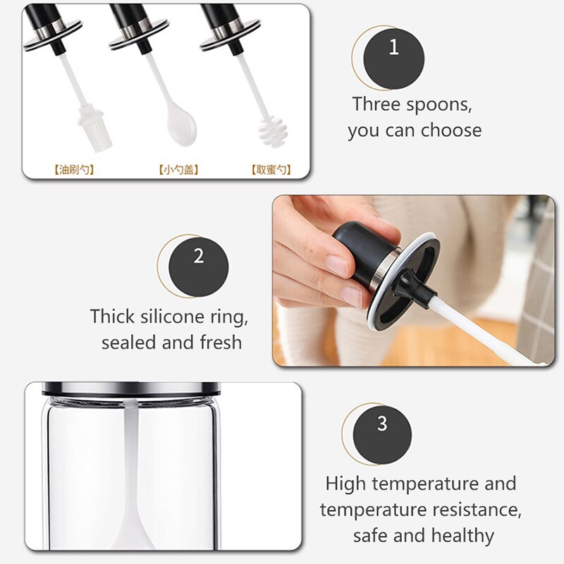 Frasco de aceite Caster, recipientes para especias, latas de sal, contenedor de almacenamiento, pimienta, condimento, cocina con cuchara/cepillo/palo y tapa, 1 Uds.