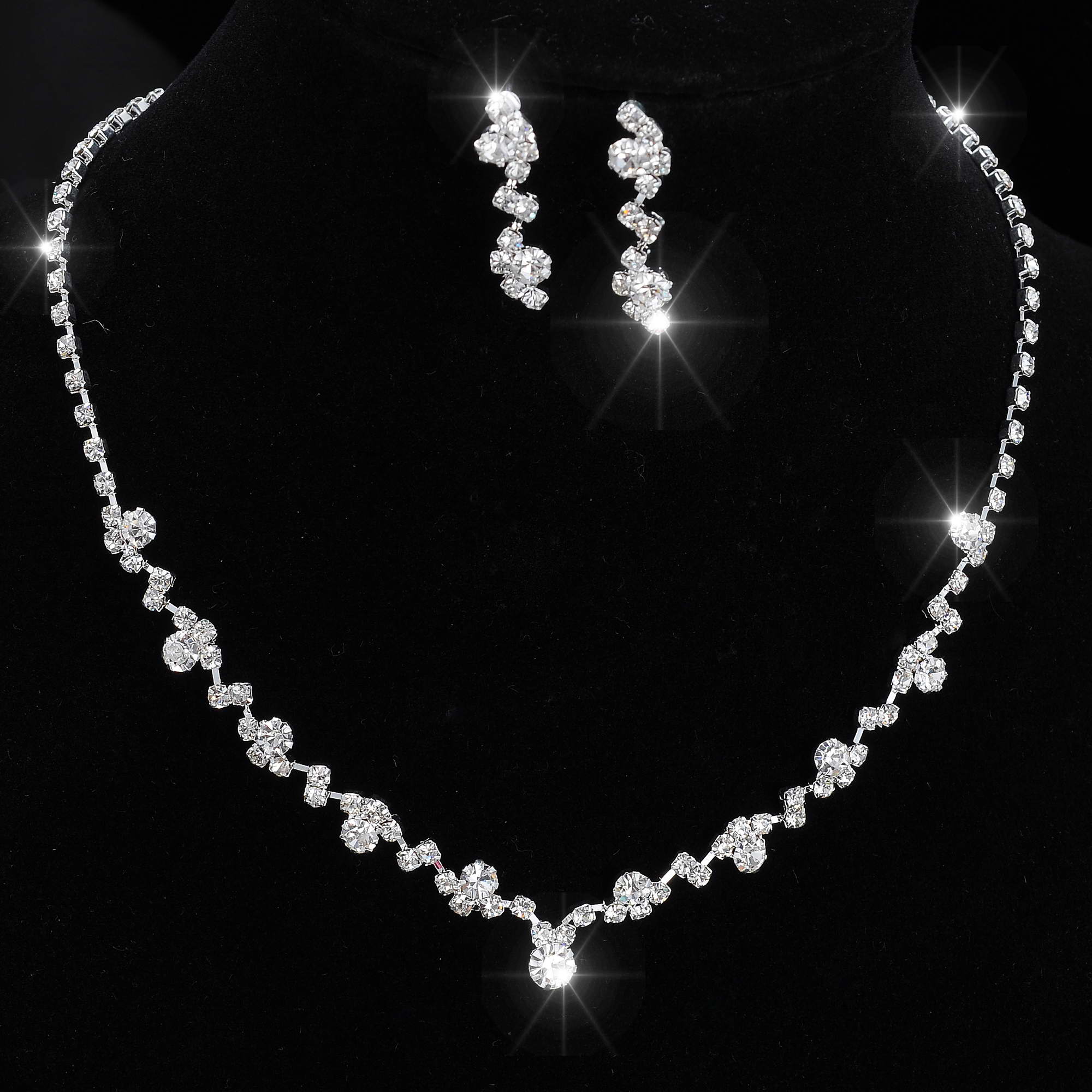 Silver Color Crystal Tennis Choker Necklace Set Earrings Factory Price Wedding Bridal Bridesmaid African Jewelry Sets: 14F3AF067