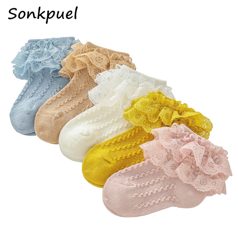 Baby Meisje Sokken Ademend Katoen Kant Ruche Prinses Mesh Sokken Kinderen Enkel Korte Sok Wit Roze Geel Meisjes Kids Peuter