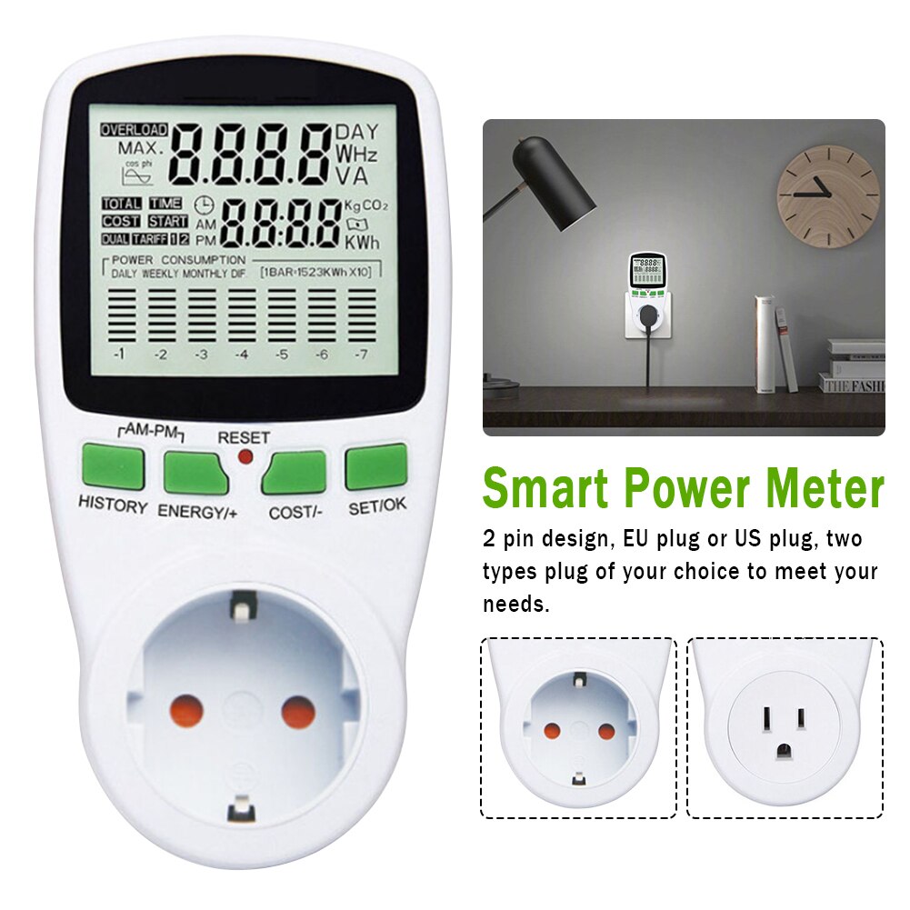2 -stifts smart effektmätare 230v hem med uttag kwh mätning wattmonitor elektrisk eu us-plugg multifunktion digital watt