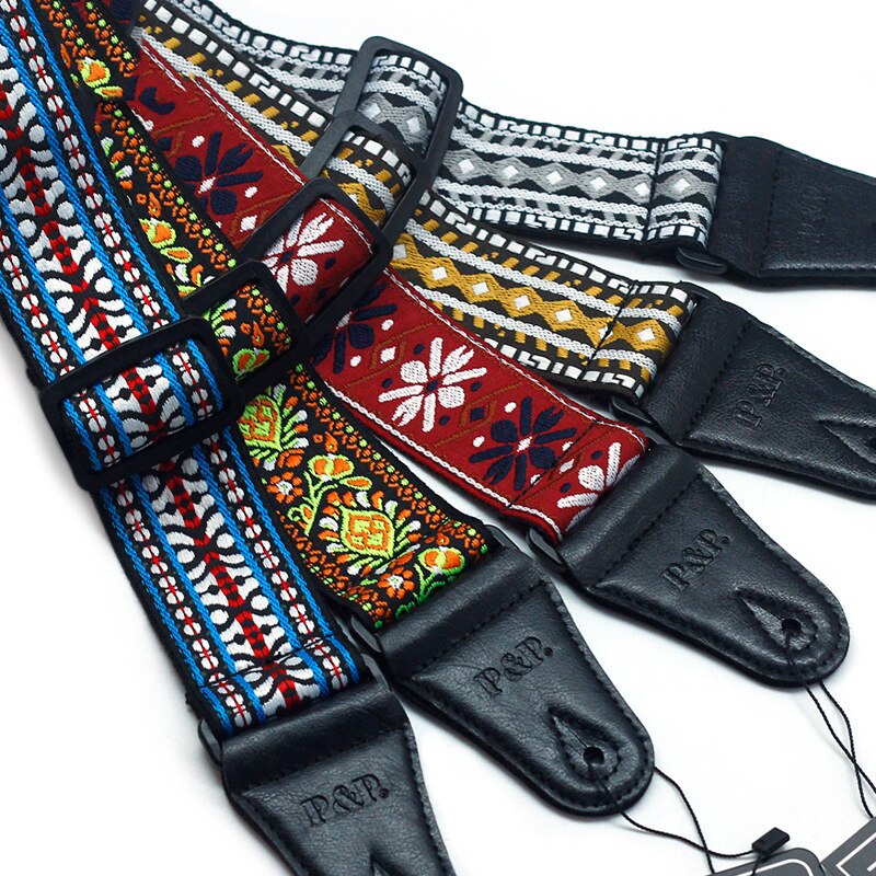 Gitaar Band Borduren Patroon Retro Etnische Stijl Puur Katoen Lederen Verstelbare 82-137Cm Muziekinstrument Accessoires Effen