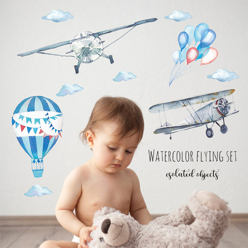 Autocollant Mural Avion Hélicoptère Montgolfière Bleu - Sticker Déco Chambre Enfant, Amovible Et Coloré