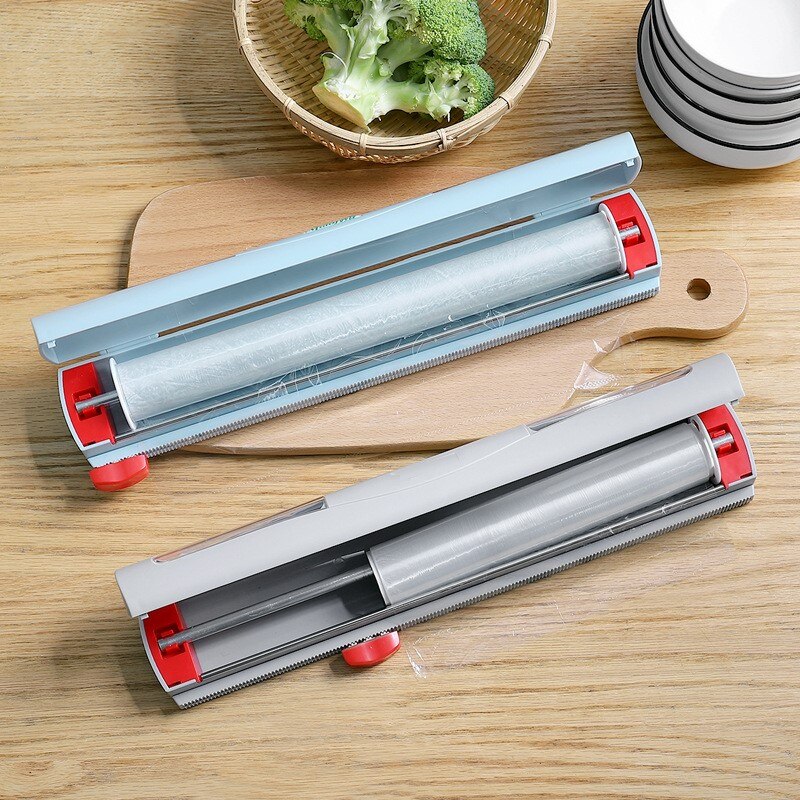 Plastic Food Wrap Dispenser with Slide Cutter Adjustable Cling Film Cutter Preservation Wall-Mounted Storage Box with Suction