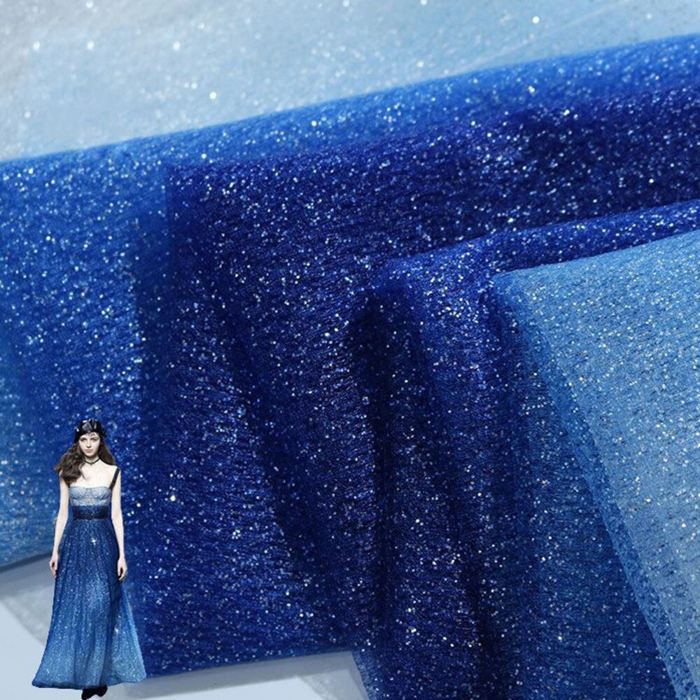 Width 150cm Dark Blue Gradual Star Sky Bronzing Mesh Fabric Transparent Dress Background Fabric DIY Women Wedding Dress Fabric: 5 Yards