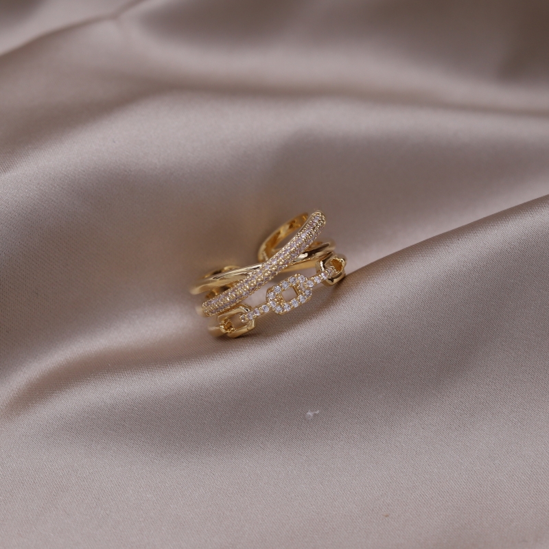 14K gold plated Korean jewelry double-layer zircon cross ring women's opening daily work accessories: Blue