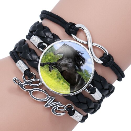 Exweup Vintage Horse Pattern Black Leather Bracelets Bangles Love letter Crystal Gem stone Bracelets Women Bangle Wristbands: F11170MI01