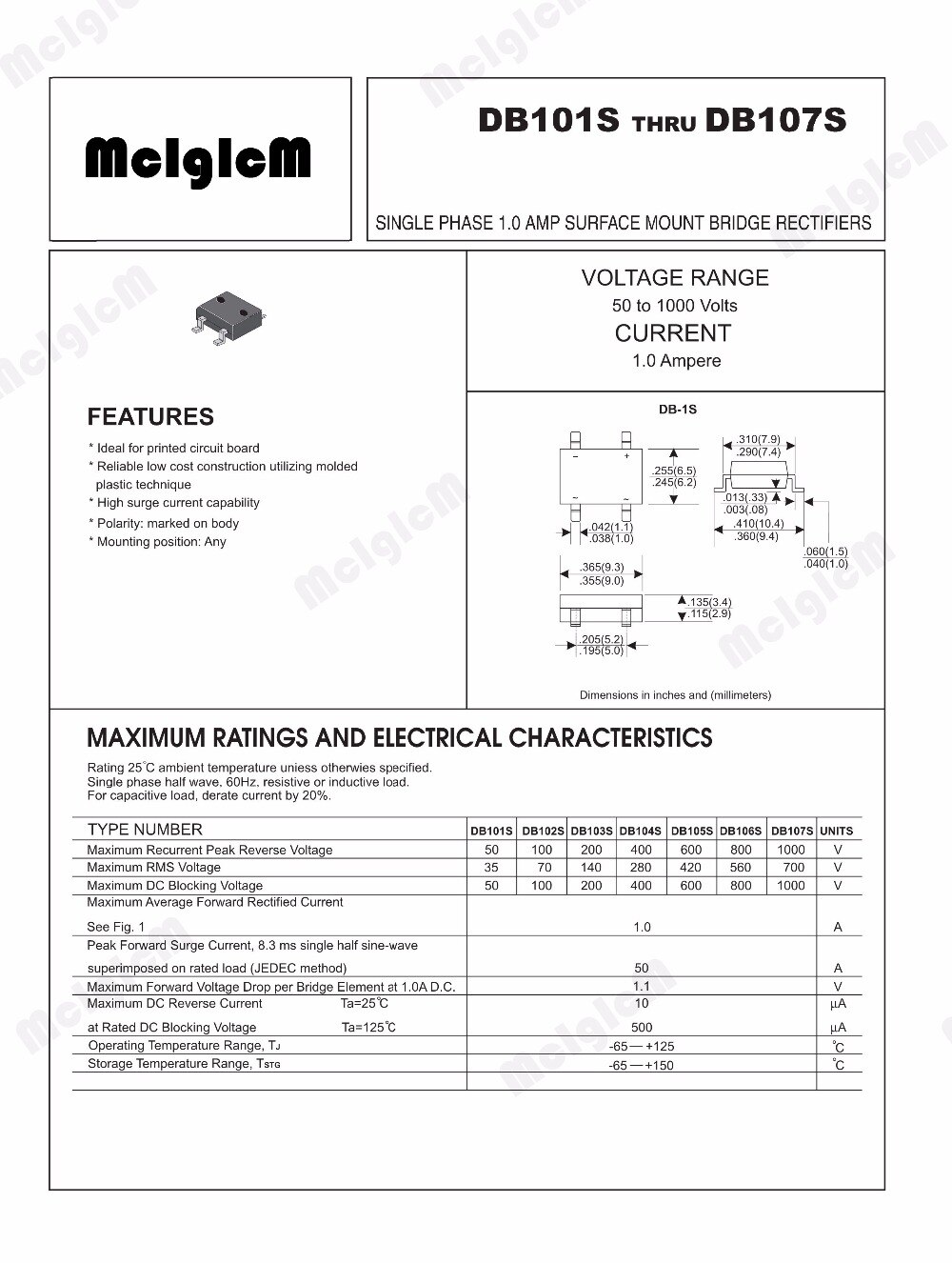 Mcigicm 20 stk smd  db107 db107s 1a 1000v enkeltfaser diode ensretterbro